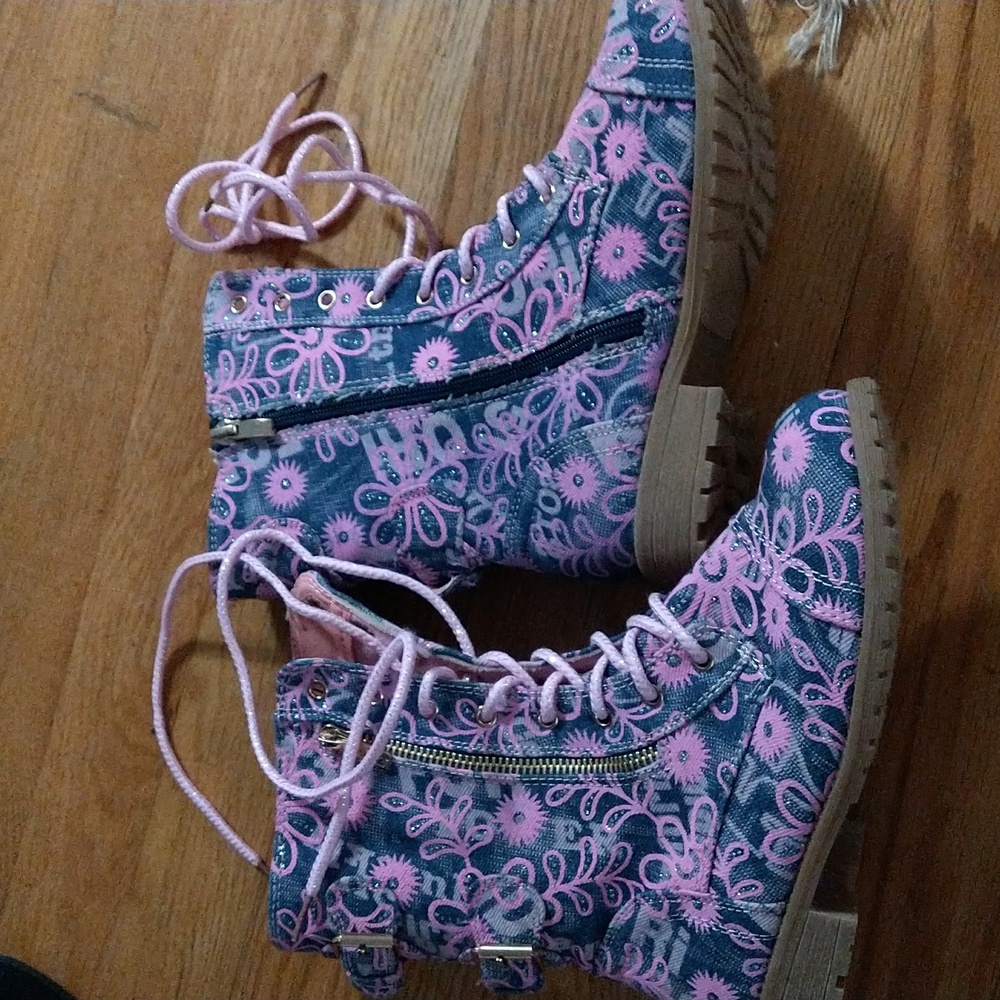 Forever Link Floral Denim Pink Girls Combat Boots